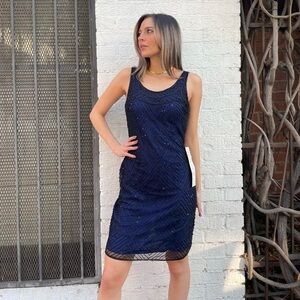 NWT Vintage Laurence Kazar Navy blue beaded sequins dress sz s